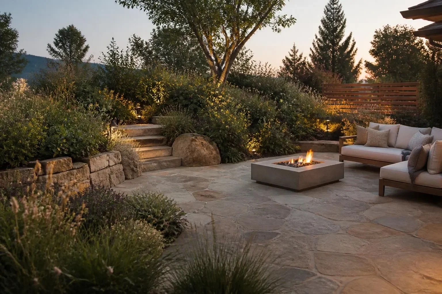 A modern Bend backyard with a patio and native planting at dusk