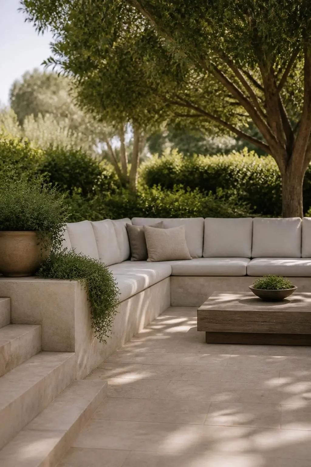 An outdoor living space with a sectional sofa and planting
