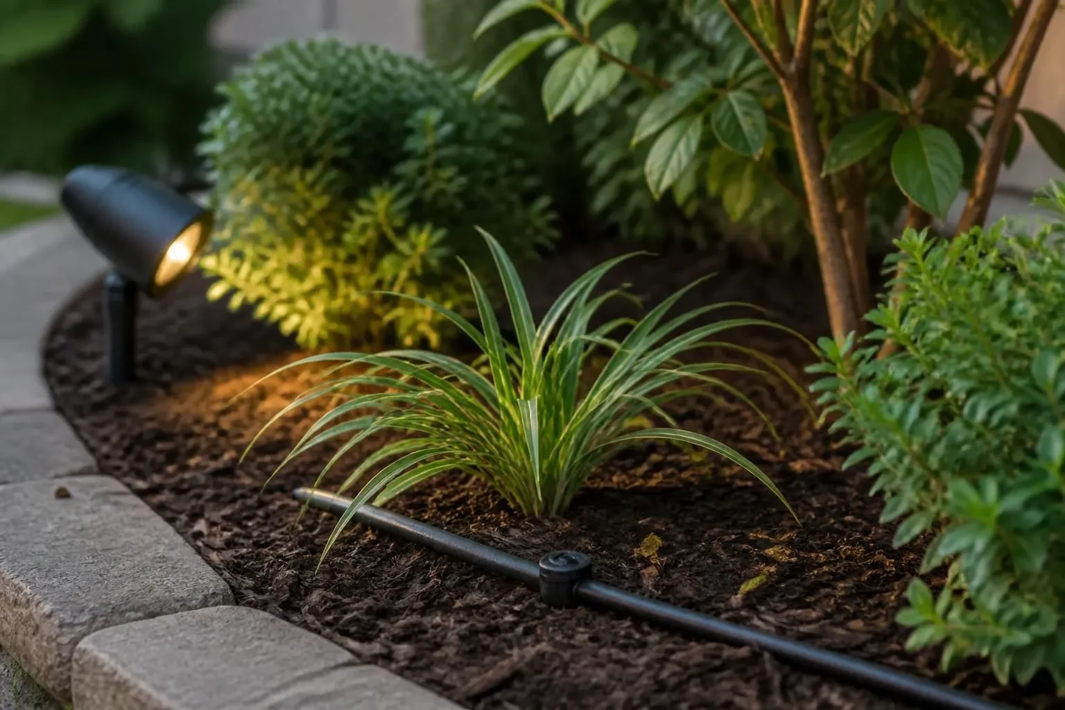 Drip irrigation and a landscape light among new plants